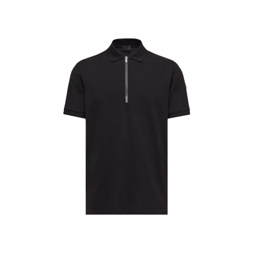 Polo semi-zippé MONCLER en piqué de coton noir à logo noir mat