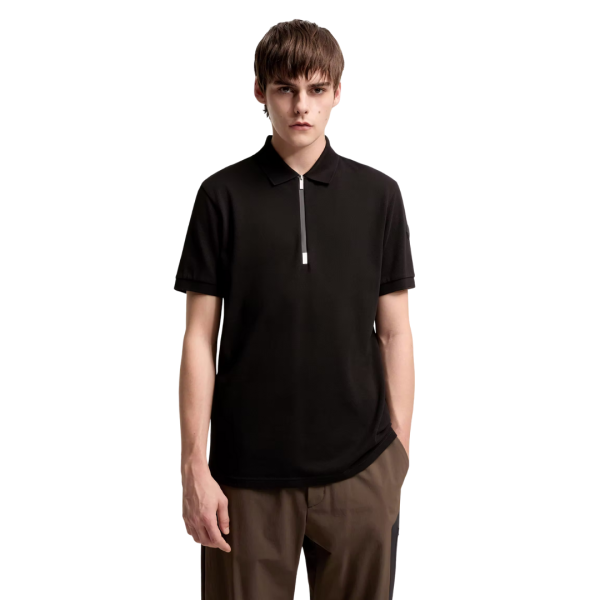 Polo semi-zippé MONCLER en piqué de coton noir à logo noir mat
