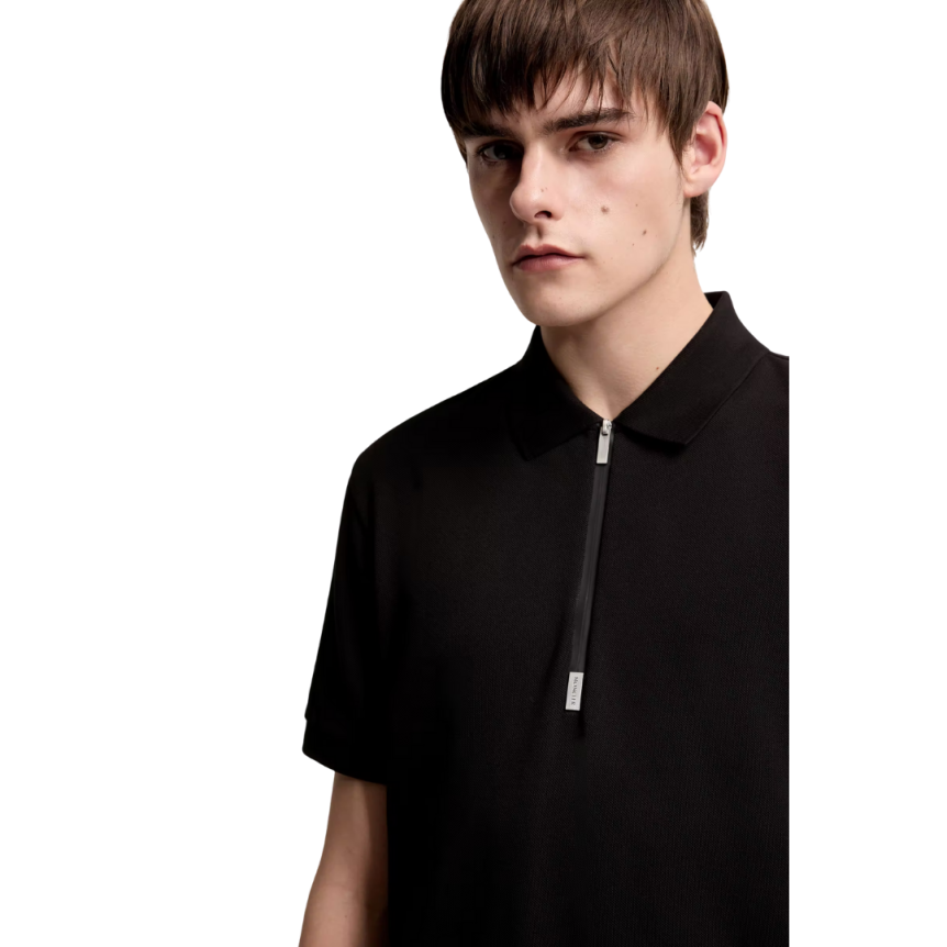 Polo semi-zippé MONCLER en piqué de coton noir à logo noir mat