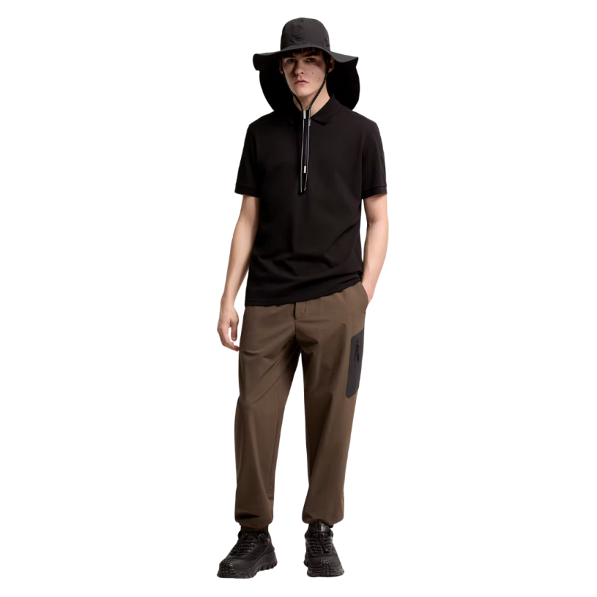 Polo semi-zippé MONCLER en piqué de coton noir à logo noir mat