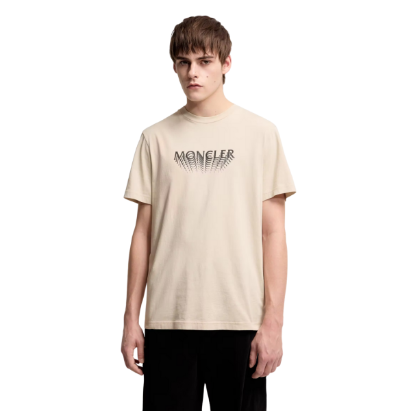 T-shirt en jersey de coton beige à logo superposé patch noir mat