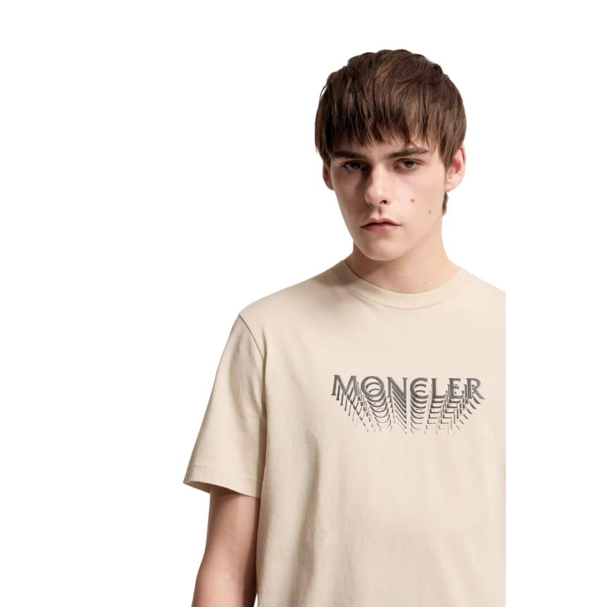 T-shirt en jersey de coton beige à logo superposé patch noir mat