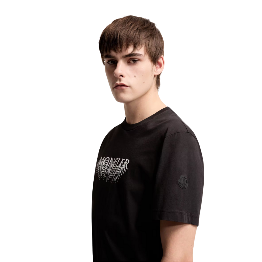 T-shirt MONCLER en jersey de coton noir à logo superposé patch noir mat