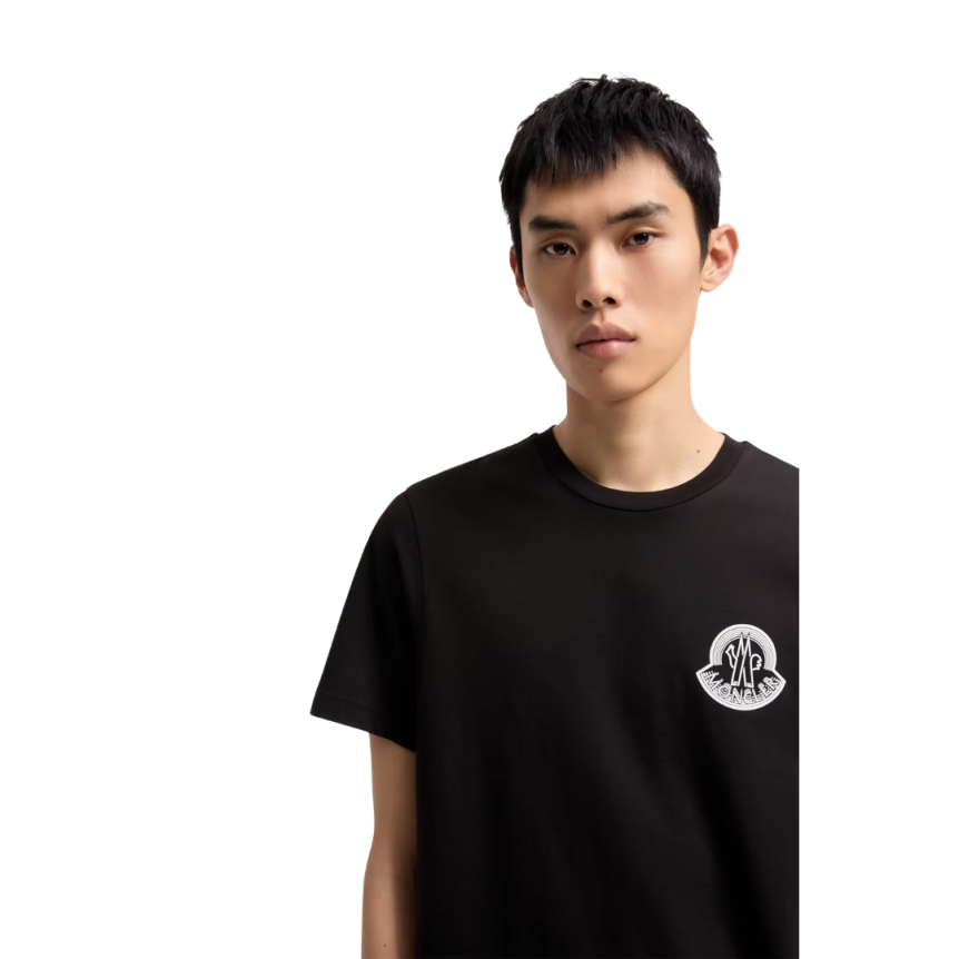 T-shirt MONCLER en jersey de coton noir à logo relief blanc patch noir mat