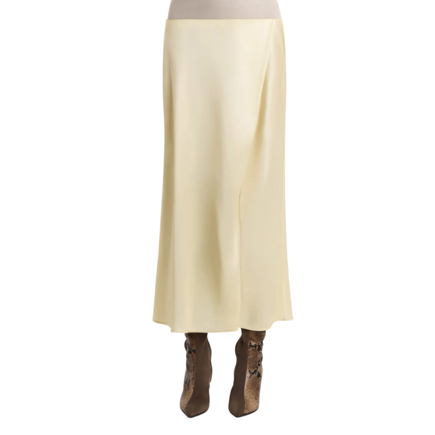 Jupe midi fluide KHAITE Demi en soie satin jaune lumineux coupe biais