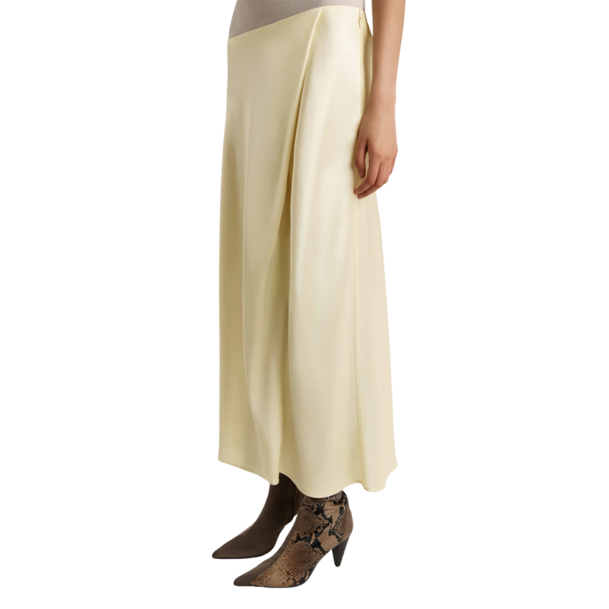 Jupe midi fluide KHAITE Demi en soie satin jaune lumineux coupe biais