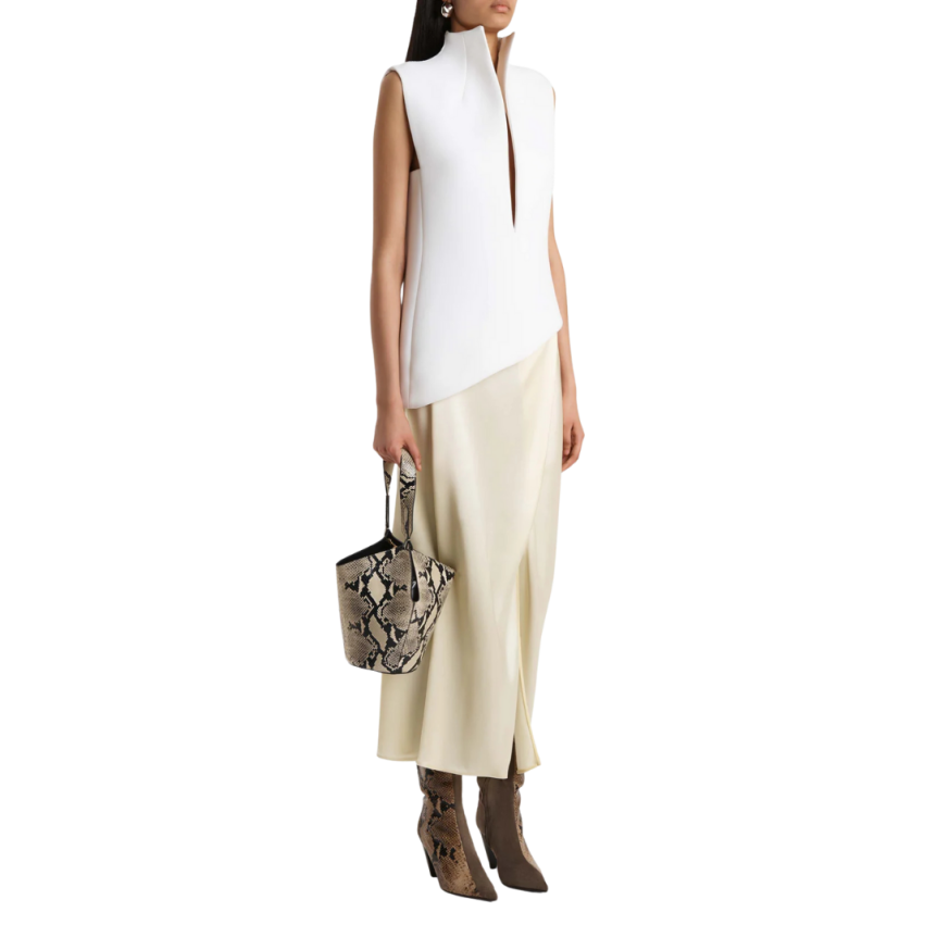 Jupe midi fluide KHAITE Demi en soie satin jaune lumineux coupe biais