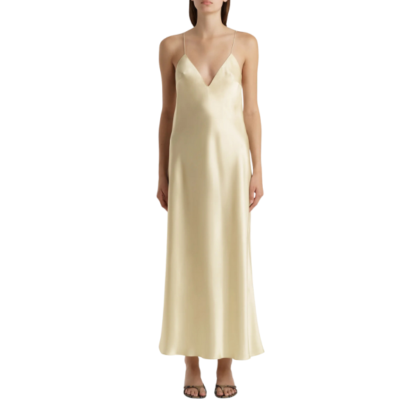 Robe longue nuisette fine bretelle KHAITE Taja soie satin jaune