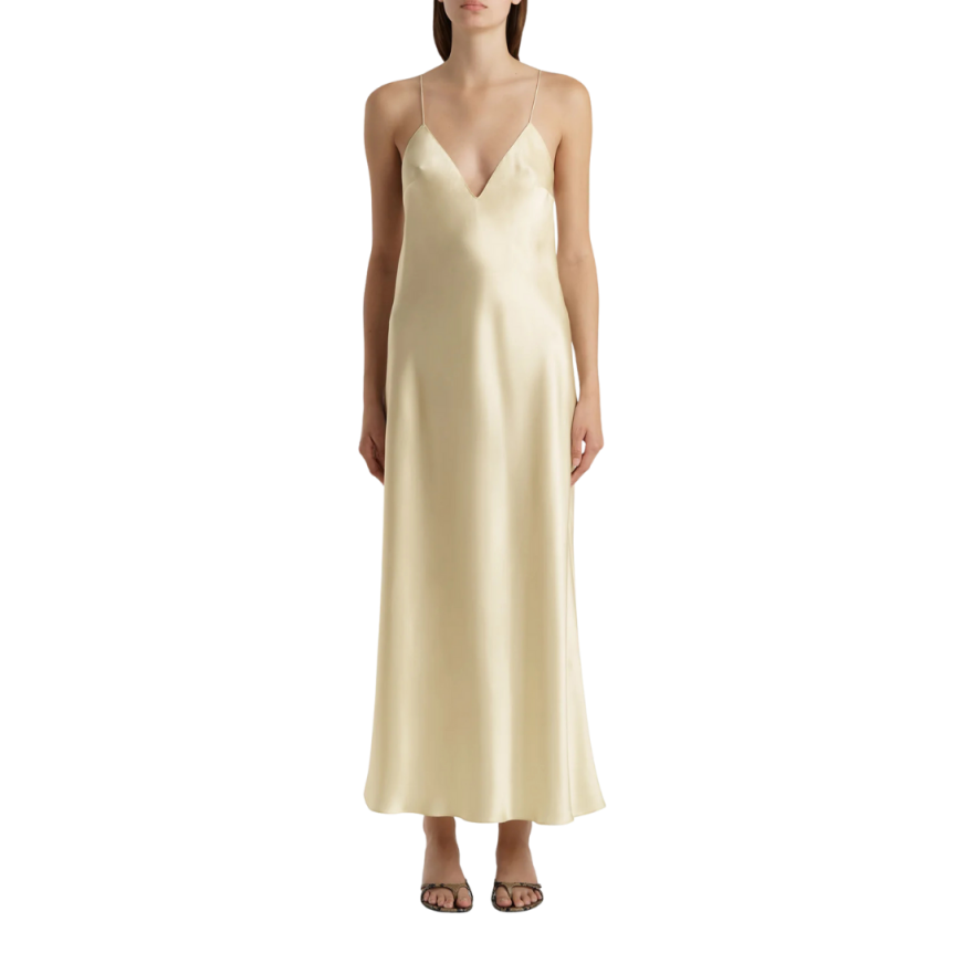 Robe longue nuisette fine bretelle KHAITE Taja soie satin jaune