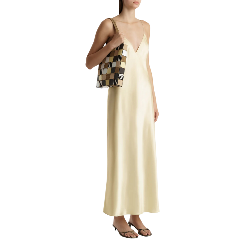 Robe longue nuisette fine bretelle KHAITE Taja soie satin jaune