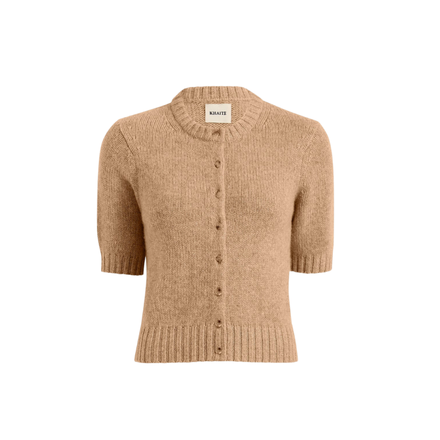 Cardigan ajusté KHAITE Nora en jersey de cachemire camel bord côtelé