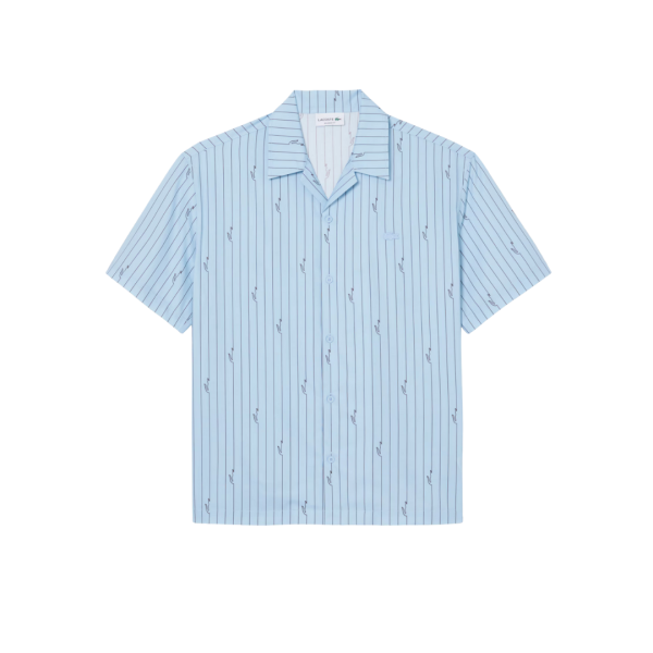 Chemise manche courte LACOSTE relax twill coton bleu ciel rayure crocodile Lacoste