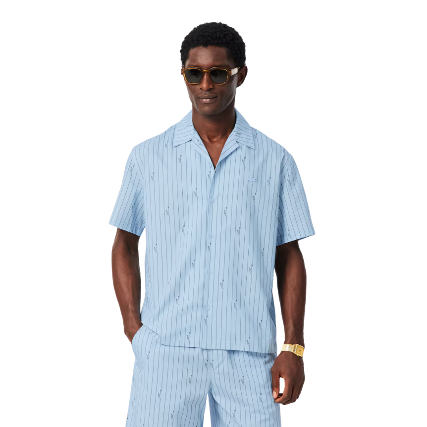 Chemise manche courte LACOSTE relax twill coton bleu ciel rayure crocodile Lacoste