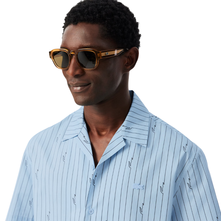 Chemise manche courte LACOSTE relax twill coton bleu ciel rayure crocodile Lacoste