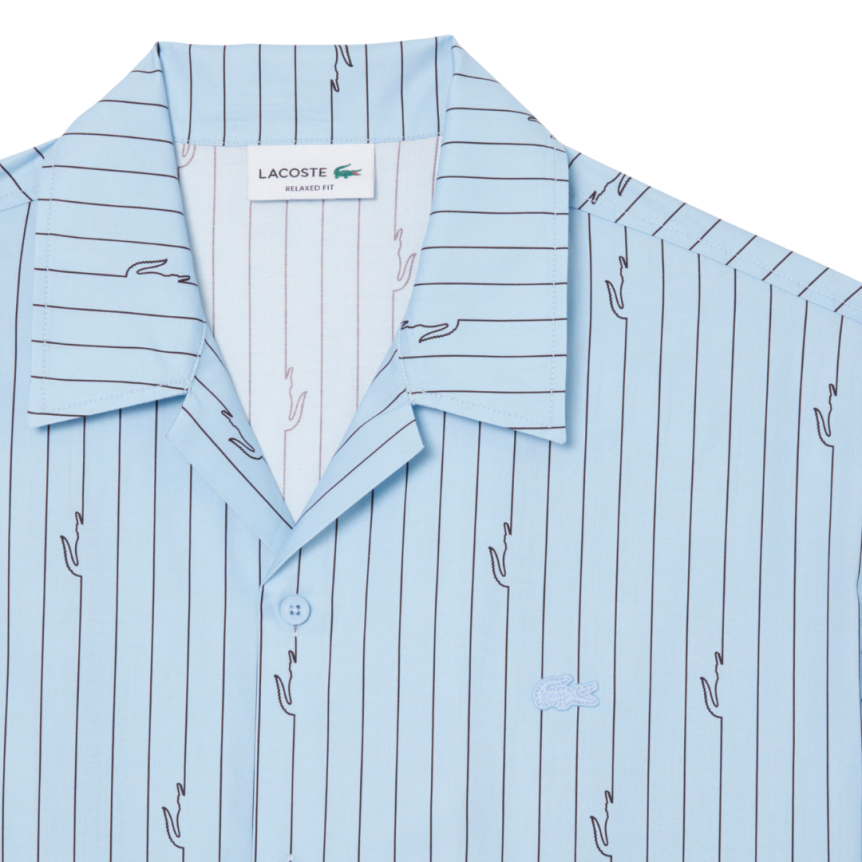 Chemise manche courte LACOSTE relax twill coton bleu ciel rayure crocodile Lacoste