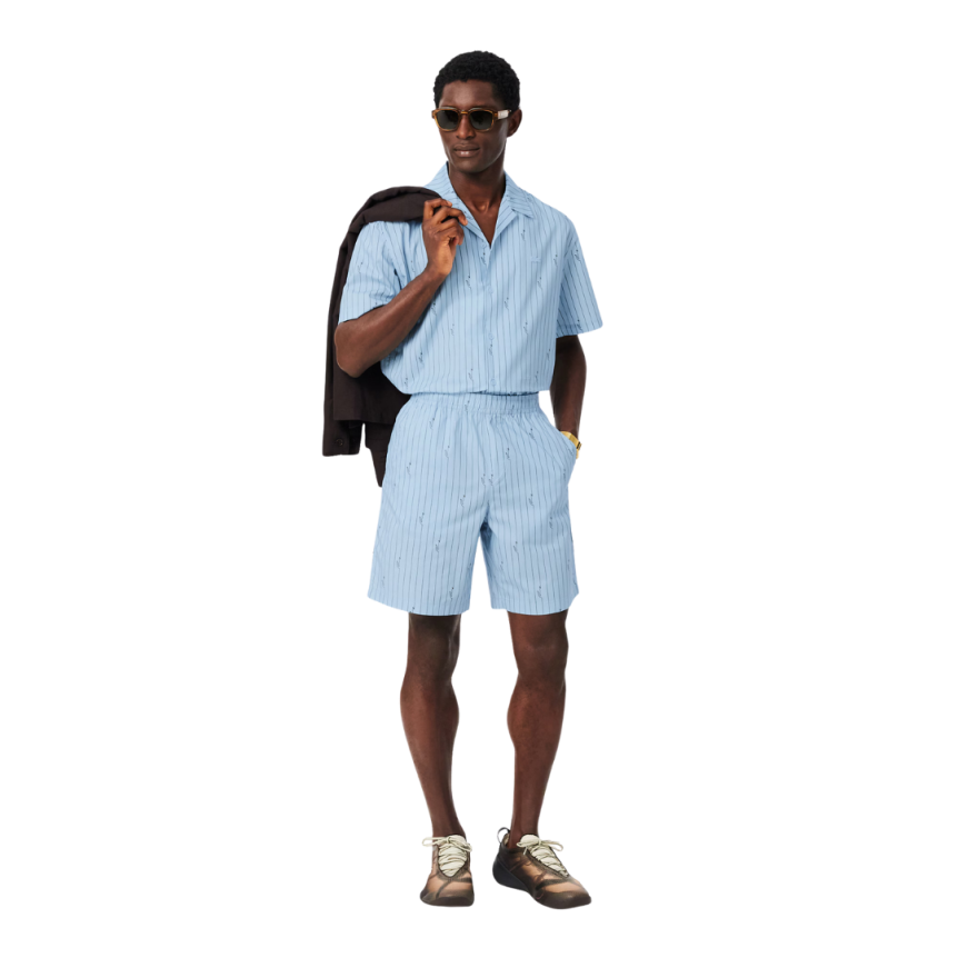 Chemise manche courte LACOSTE relax twill coton bleu ciel rayure crocodile Lacoste