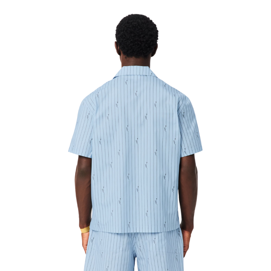 Chemise manche courte LACOSTE relax twill coton bleu ciel rayure crocodile Lacoste