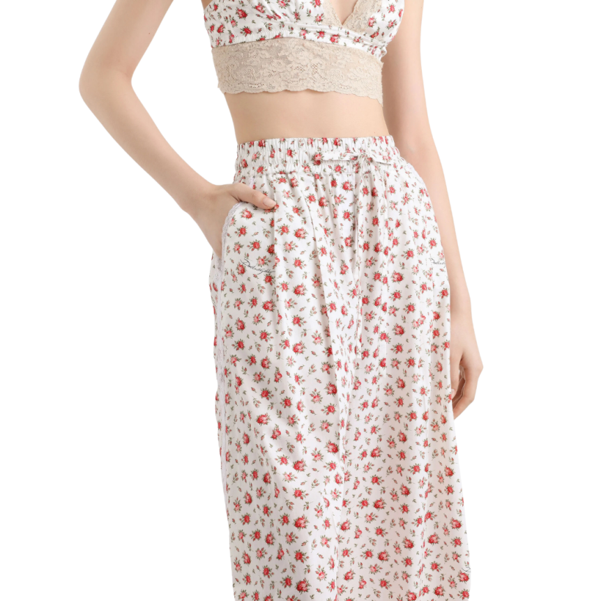 Pantalon large DOLCE & GABBANA coton mélangé blanc bouquet roses dentelle