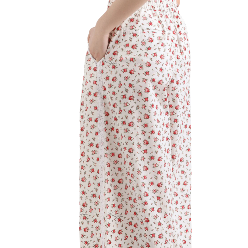 Pantalon large DOLCE & GABBANA coton mélangé blanc bouquet roses dentelle