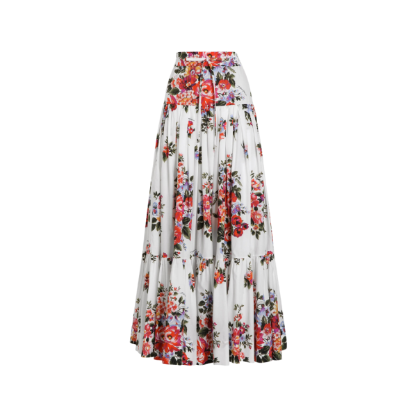 Jupe longue volants DOLCE & GABBANA popeline coton blanc bouquet fleur rouge
