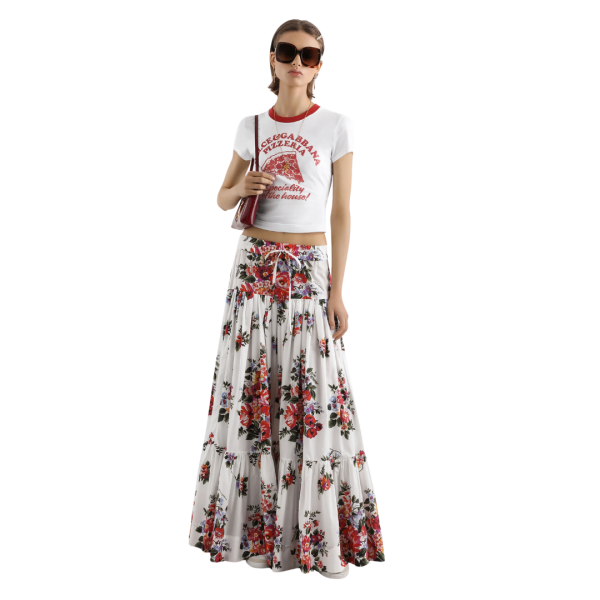 Jupe longue volants DOLCE & GABBANA popeline coton blanc bouquet fleur rouge