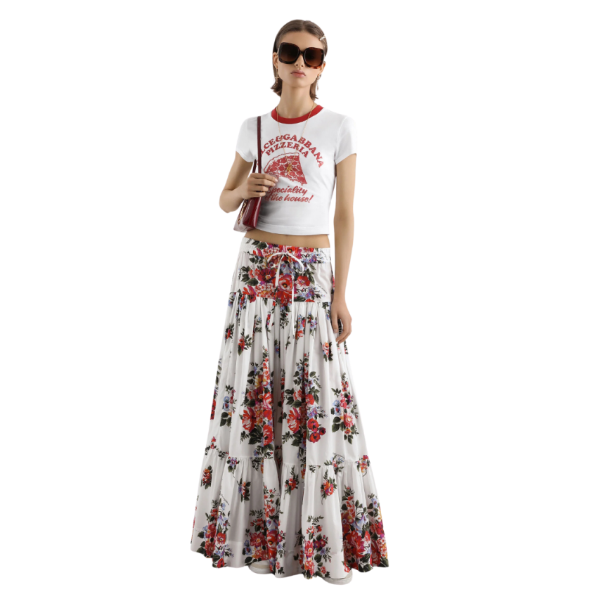 Jupe longue volants DOLCE & GABBANA popeline coton blanc bouquet fleur rouge