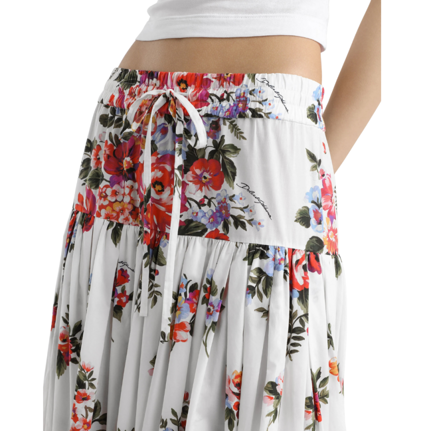 Jupe longue volants DOLCE & GABBANA popeline coton blanc bouquet fleur rouge