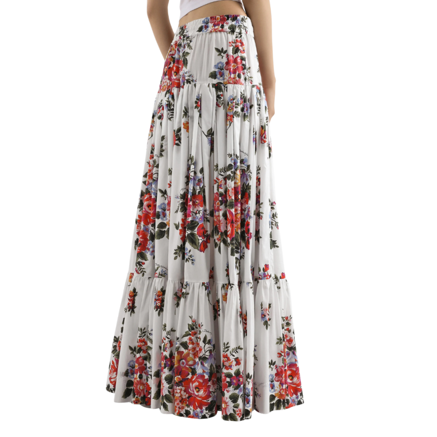 Jupe longue volants DOLCE & GABBANA popeline coton blanc bouquet fleur rouge