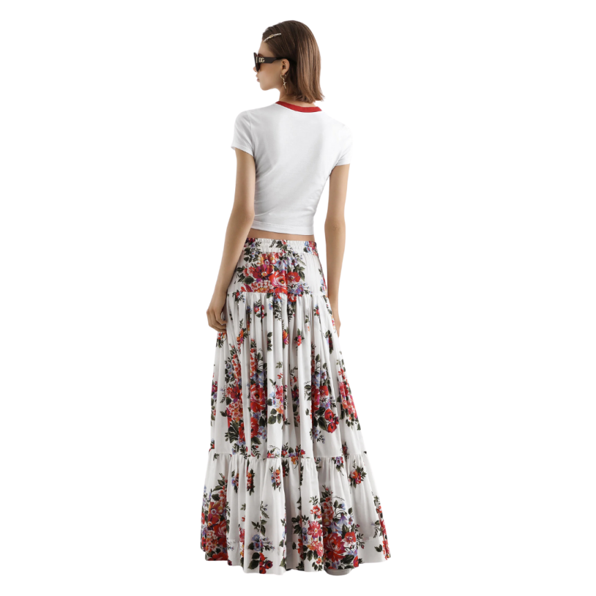 Jupe longue volants DOLCE & GABBANA popeline coton blanc bouquet fleur rouge