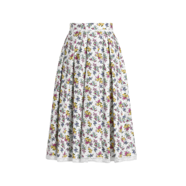 Jupe midi DOLCE & GABBANA ample popeline coton blanc fleurs jaune mauve