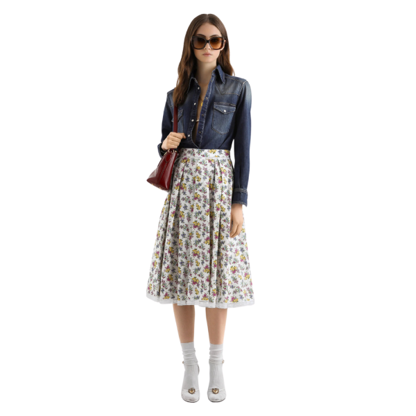 Jupe midi DOLCE & GABBANA ample popeline coton blanc fleurs jaune mauve