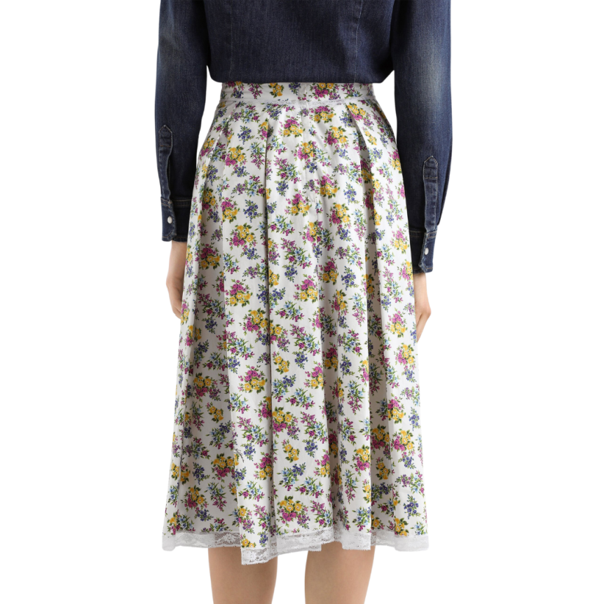 Jupe midi DOLCE & GABBANA ample popeline coton blanc fleurs jaune mauve