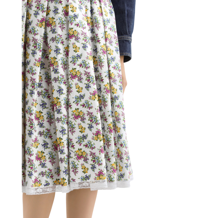 Jupe midi DOLCE & GABBANA ample popeline coton blanc fleurs jaune mauve