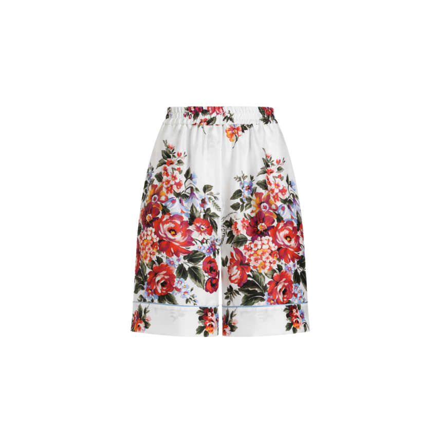 Bermuda DOLCE & GABBANA sergé soie blanc bouquet fleurs rouge ganse bleu ciel