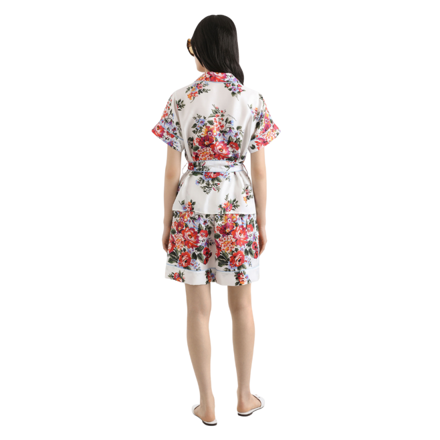 Bermuda DOLCE & GABBANA sergé soie blanc bouquet fleurs rouge ganse bleu ciel