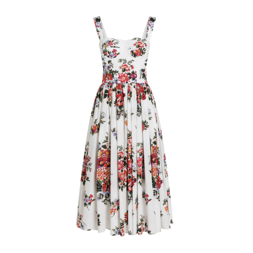Robe longue à bretelles DOLCE & GABBANA bustier coton blanc bouquet fleurs rouge