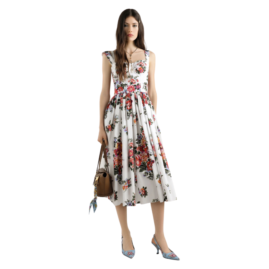 Robe longue à bretelles DOLCE & GABBANA bustier coton blanc bouquet fleurs rouge