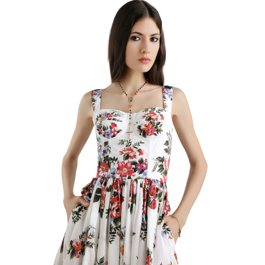 Robe longue à bretelles DOLCE & GABBANA bustier coton blanc bouquet fleurs rouge