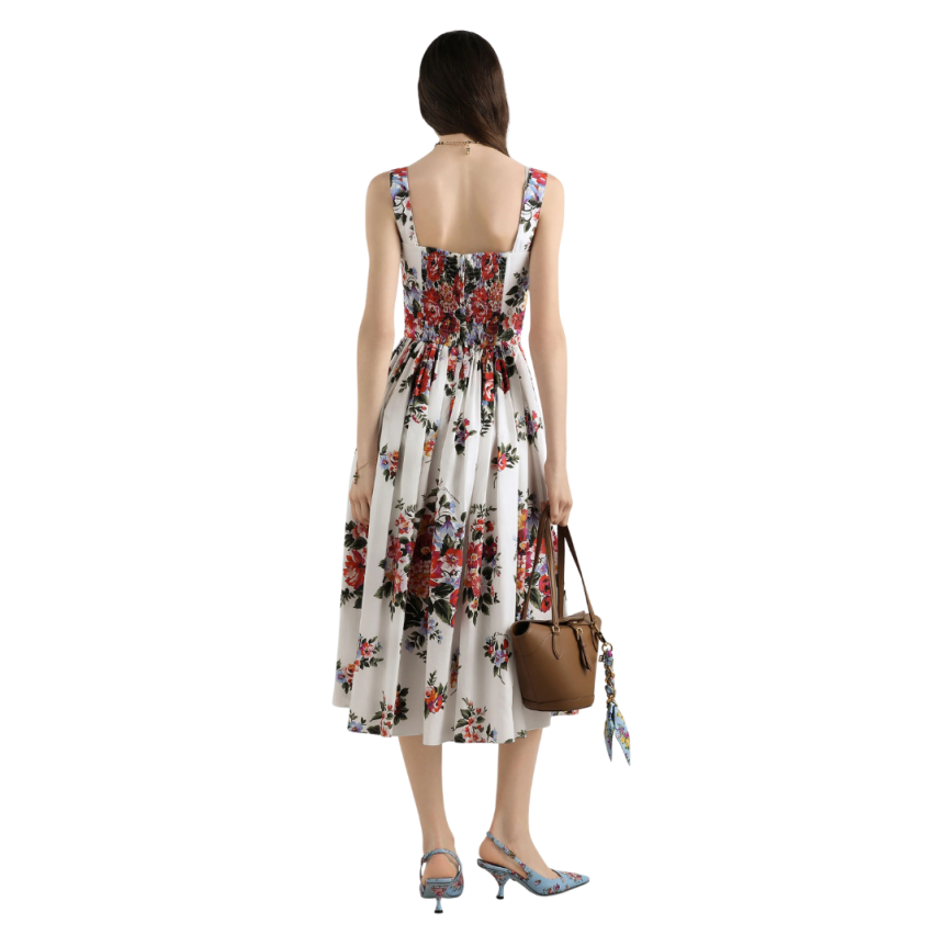 Robe longue à bretelles DOLCE & GABBANA bustier coton blanc bouquet fleurs rouge