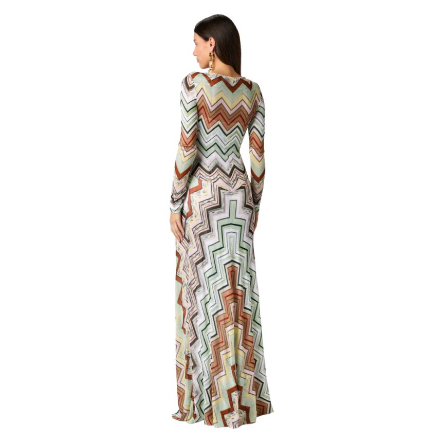 Robe maxi longue MISSONI col v coton viscose chevrons vert marron nœud poitrine