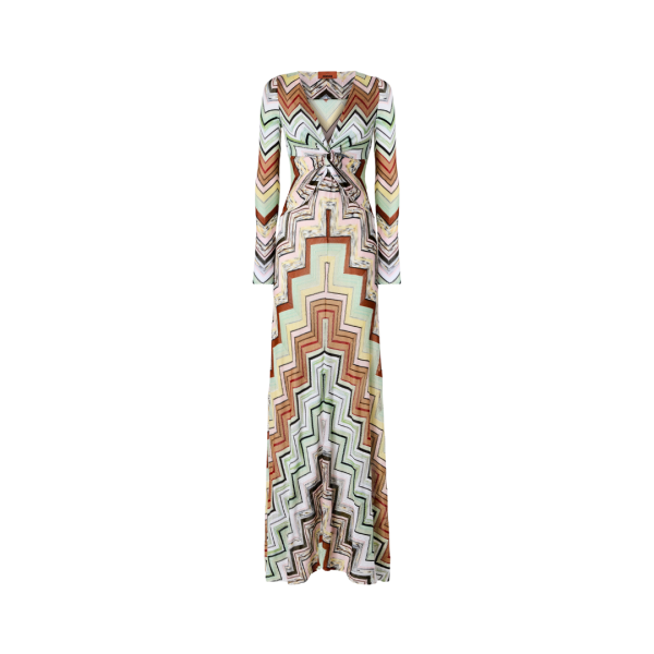 Robe maxi longue MISSONI col v coton viscose chevrons vert marron nœud poitrine