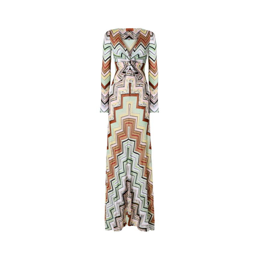 Robe maxi longue MISSONI col v coton viscose chevrons vert marron nœud poitrine