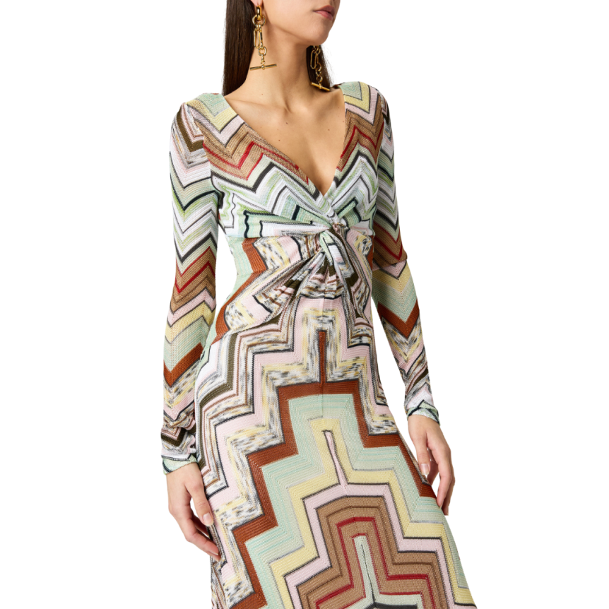 Robe maxi longue MISSONI col v coton viscose chevrons vert marron nœud poitrine