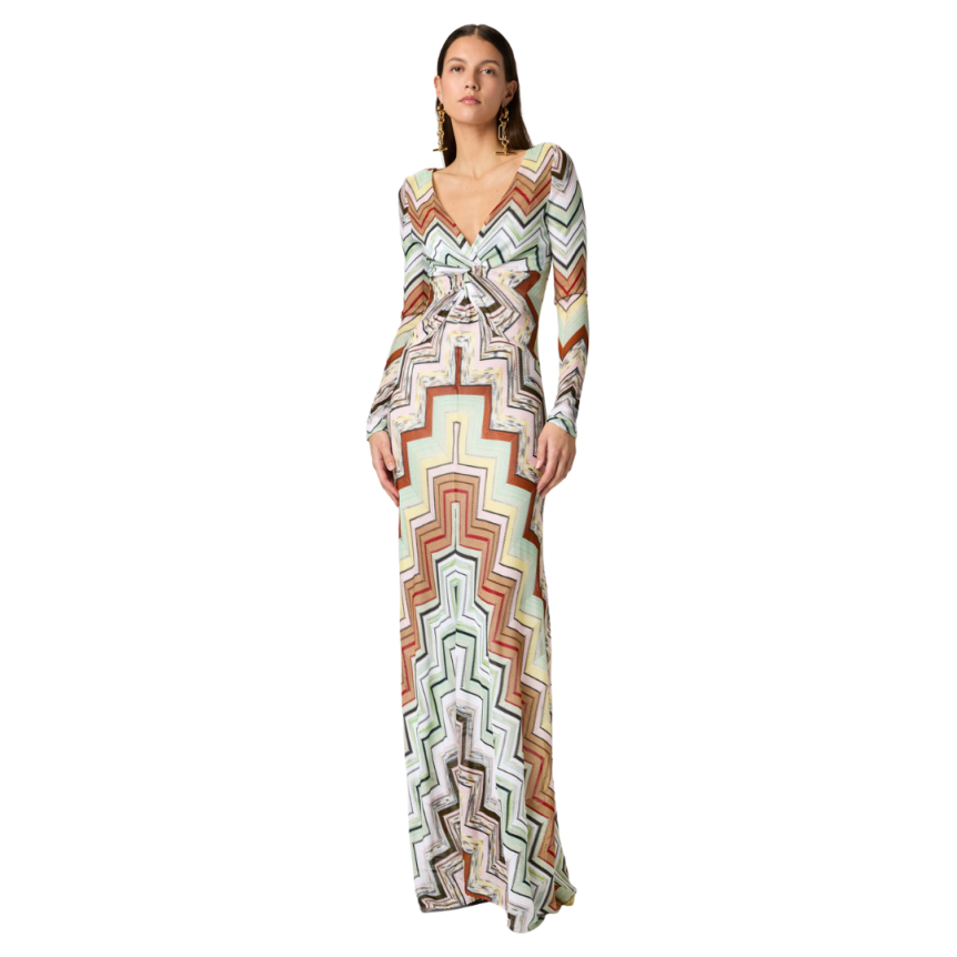 Robe maxi longue MISSONI col v coton viscose chevrons vert marron nœud poitrine