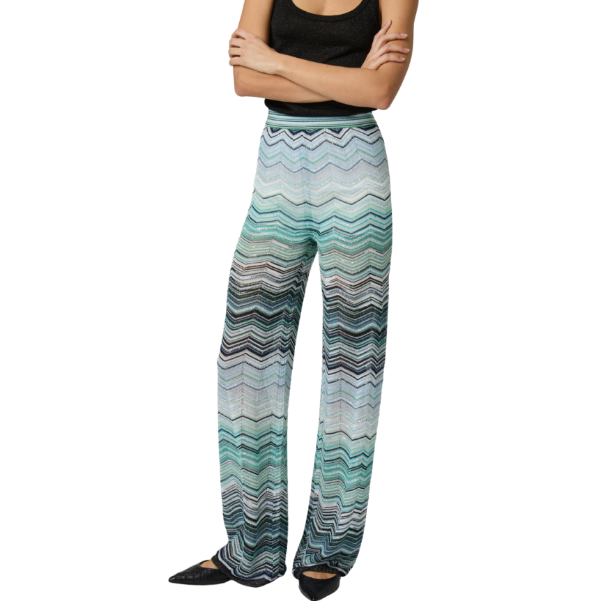 Pantalon Palazzo MISSONI large viscose lamé chevron multicolore vert paillettes