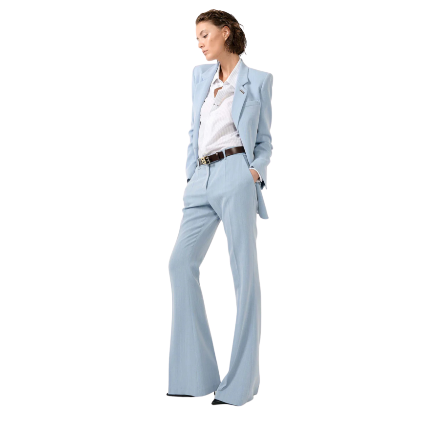 Pantalon bootleg laine mélangée chevron crêpe bleu ciel