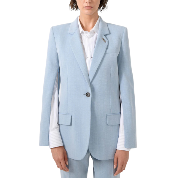 Veste cintrée droite laine mélangée chevron crêpe bleu ciel