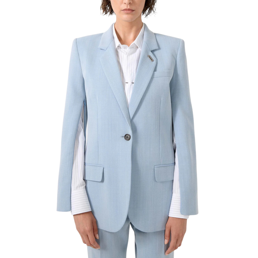 Veste cintrée droite laine mélangée chevron crêpe bleu ciel