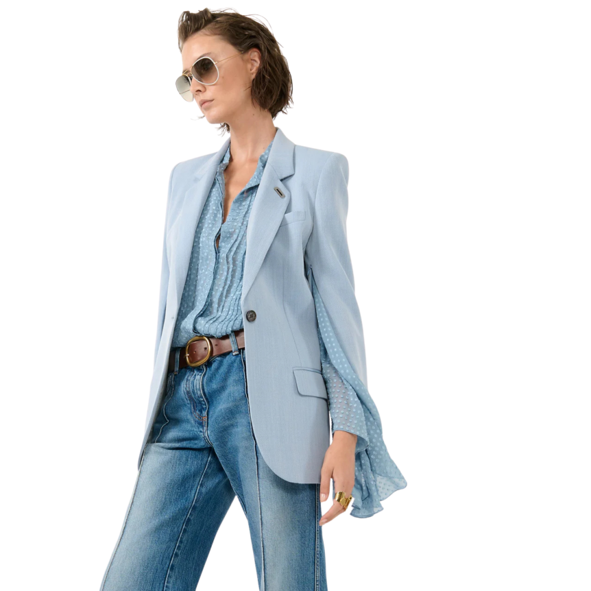 Veste cintrée droite laine mélangée chevron crêpe bleu ciel