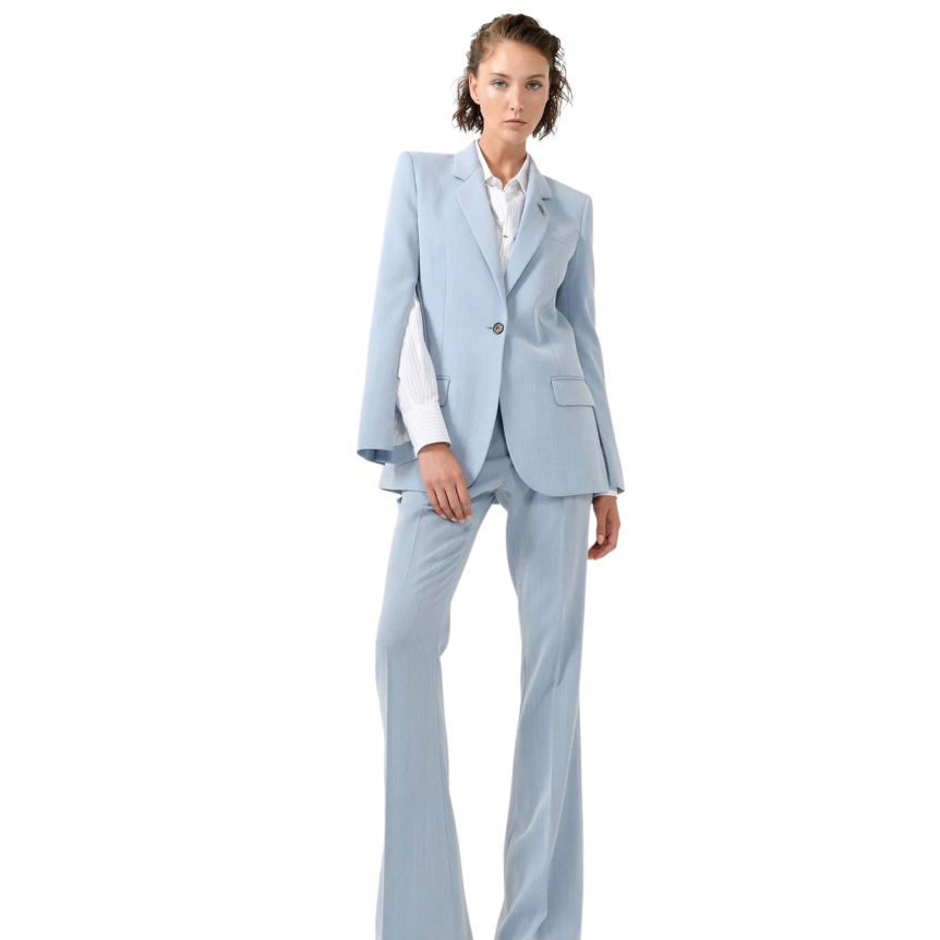 Veste cintrée droite laine mélangée chevron crêpe bleu ciel